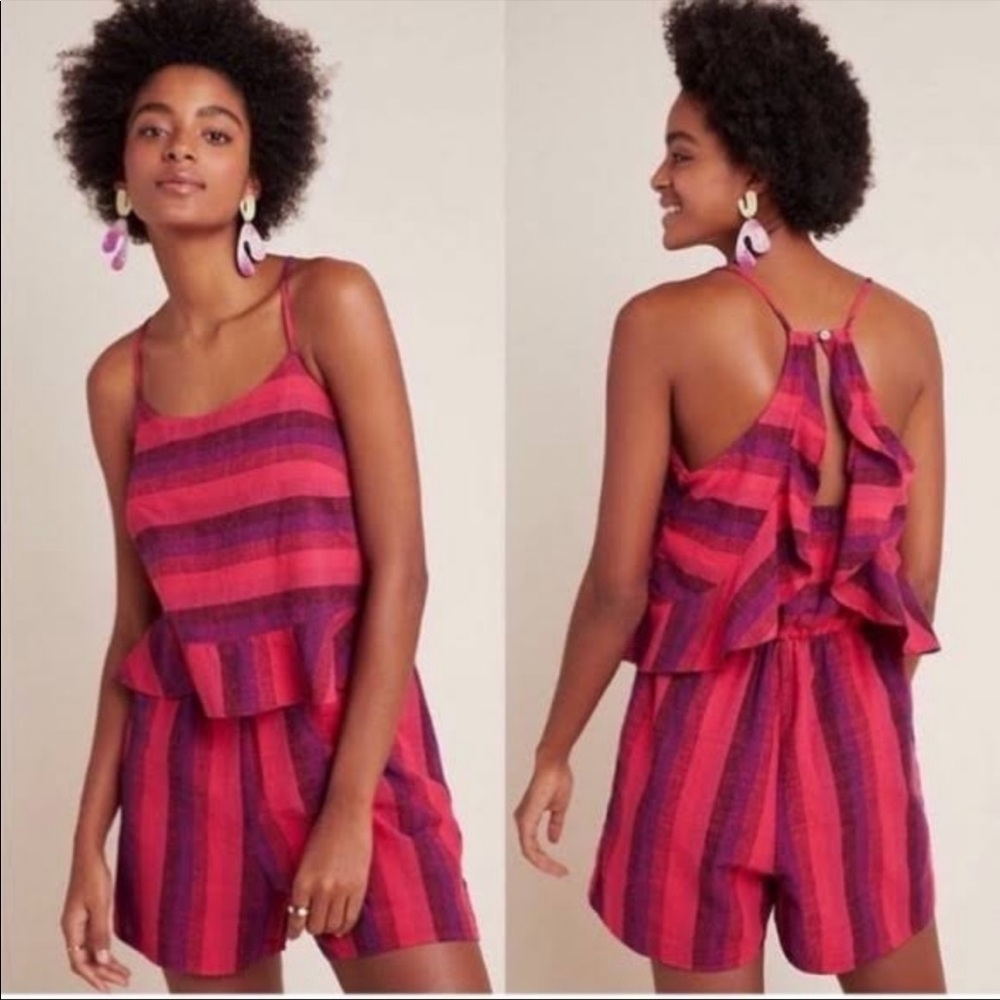 Anthropologie Melia Amandi Linen Ruffle Romper Striped Pink Sz L